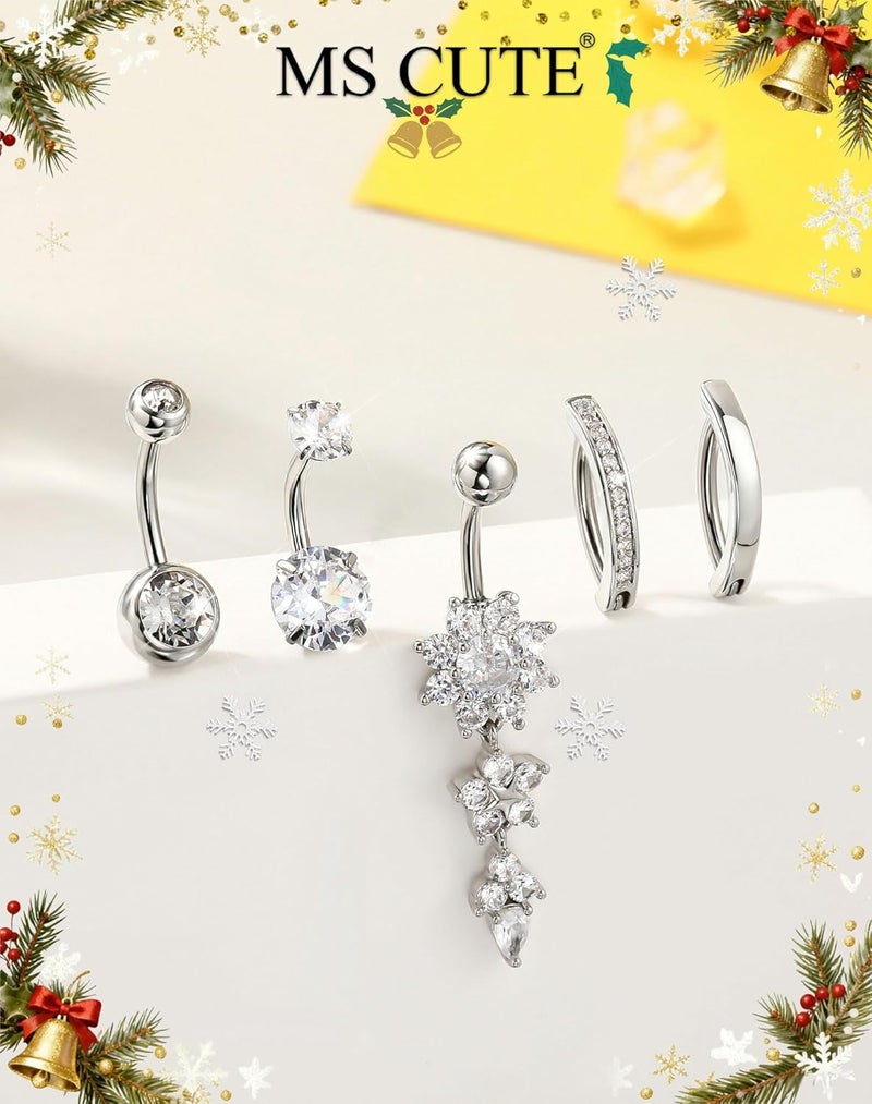 MS CUTE 5PCS Belly Button Rings for Women 14G Dangle Navel Piercing Jewelry Set Surgical Stainless Steel Body Jewelry with CZ Butterfly Flower Teardrop Barbell for Beach Festival Daily - Image 5